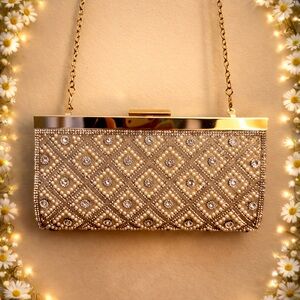 Pearl and Rhinestone Fancy Evening Bag with Metal Frame and Gold Accents